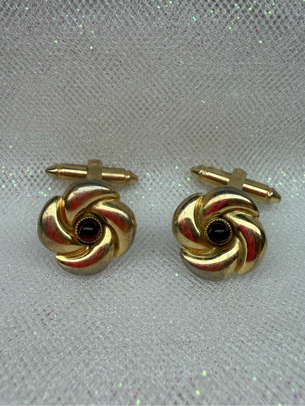 Gold-Tone Swirl Cufflinks with Black Center - Men Accessories